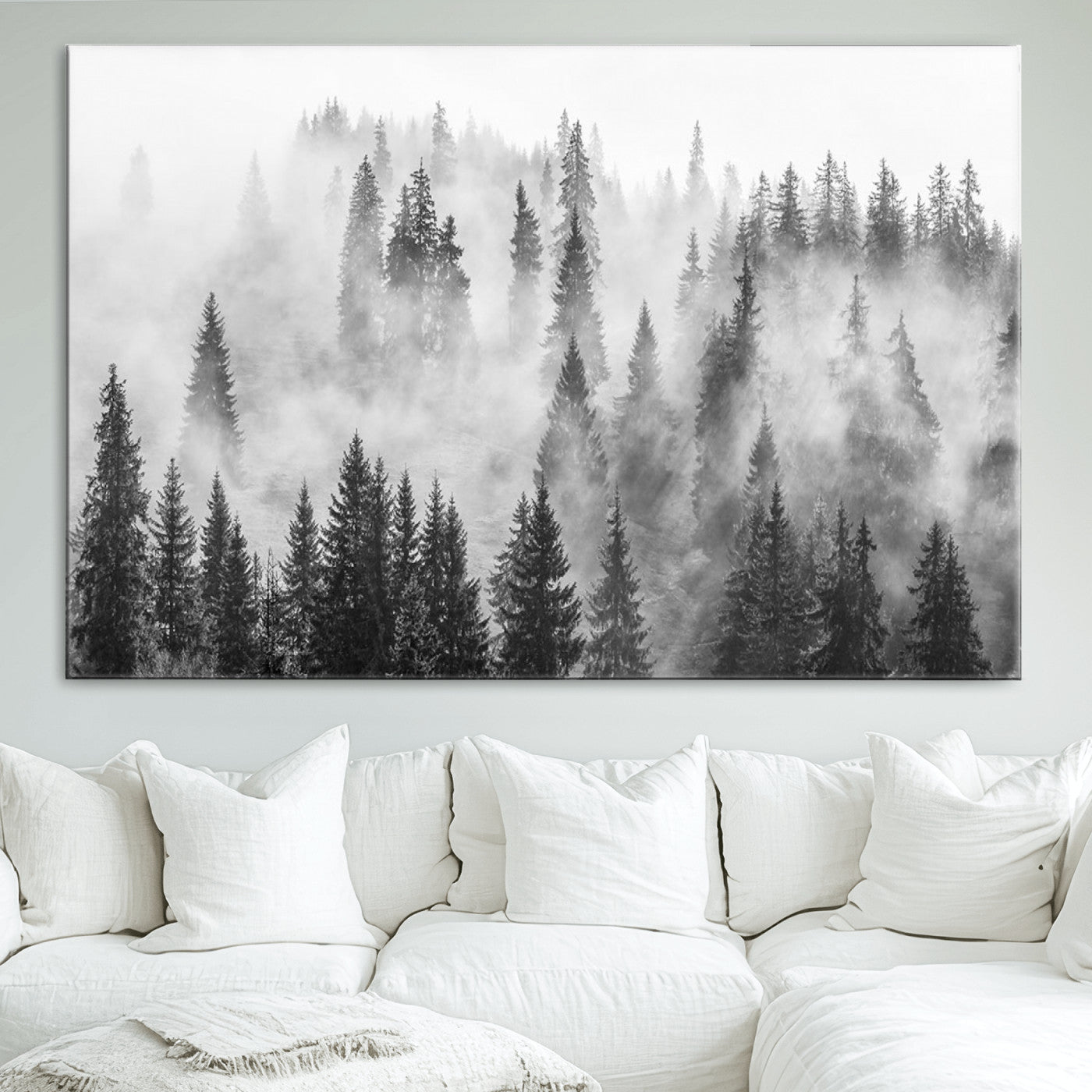 10422-MGV-CV-36X24-Forest Wall Art Print | Foggy Pine Forest Canvas Wall Art - Black and White Nature Decor for Living Room