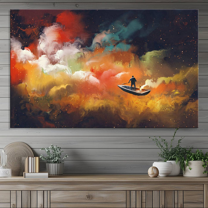 Surreal Space Adventure Canvas Wall Art features a person in a boat.