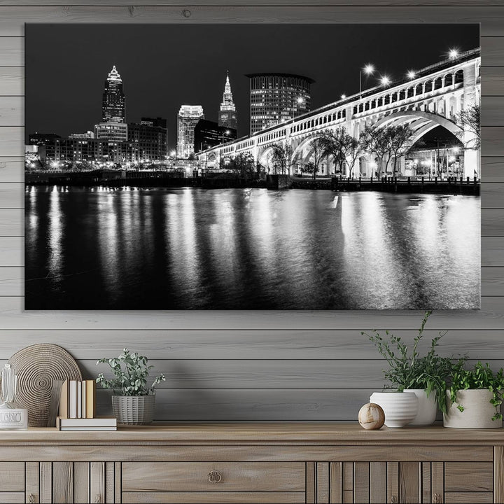 The Cleveland Night Skyline Canvas Print hangs prominently.