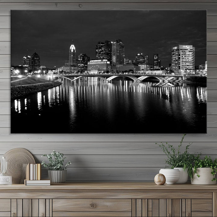 Columbus City Lights Skyline canvas print in black and white, featuring museum-quality craftsmanship and free shipping.