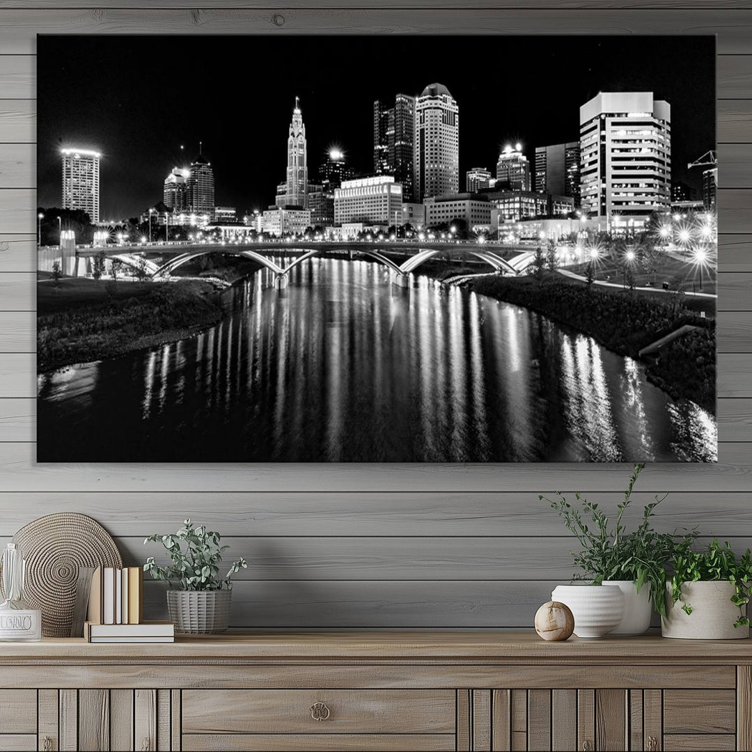 Columbus City Lights Skyline Black and White Canvas with UV coating.