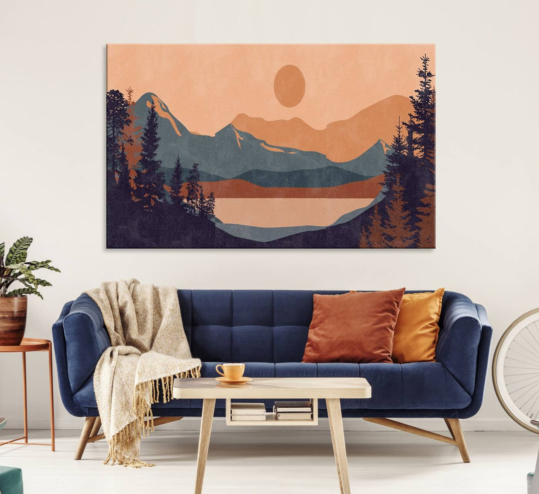 The Modern Boho Sunset Triptych displays a mountain sunset.