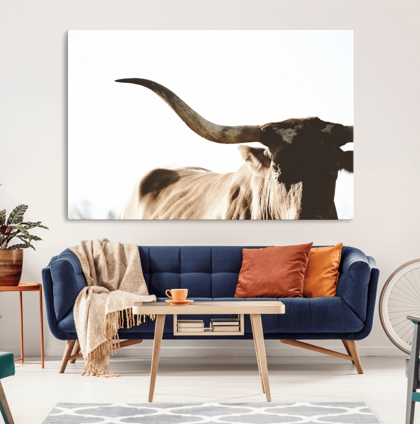 MGV-CV-36X24 - Texas Longhorn Wall Art Canvas Print | 3-Panel Large Longhorn Canvas Print for Living Room, Framed Gallery Wrap Office, Rustic Western Cowboy Decor