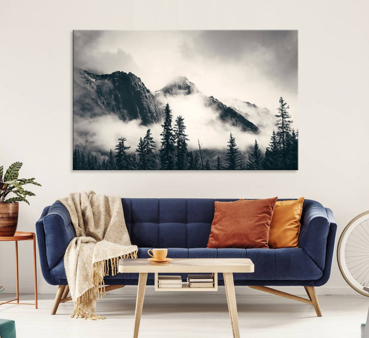 Forest Mountain Print - Black and White Canvas.