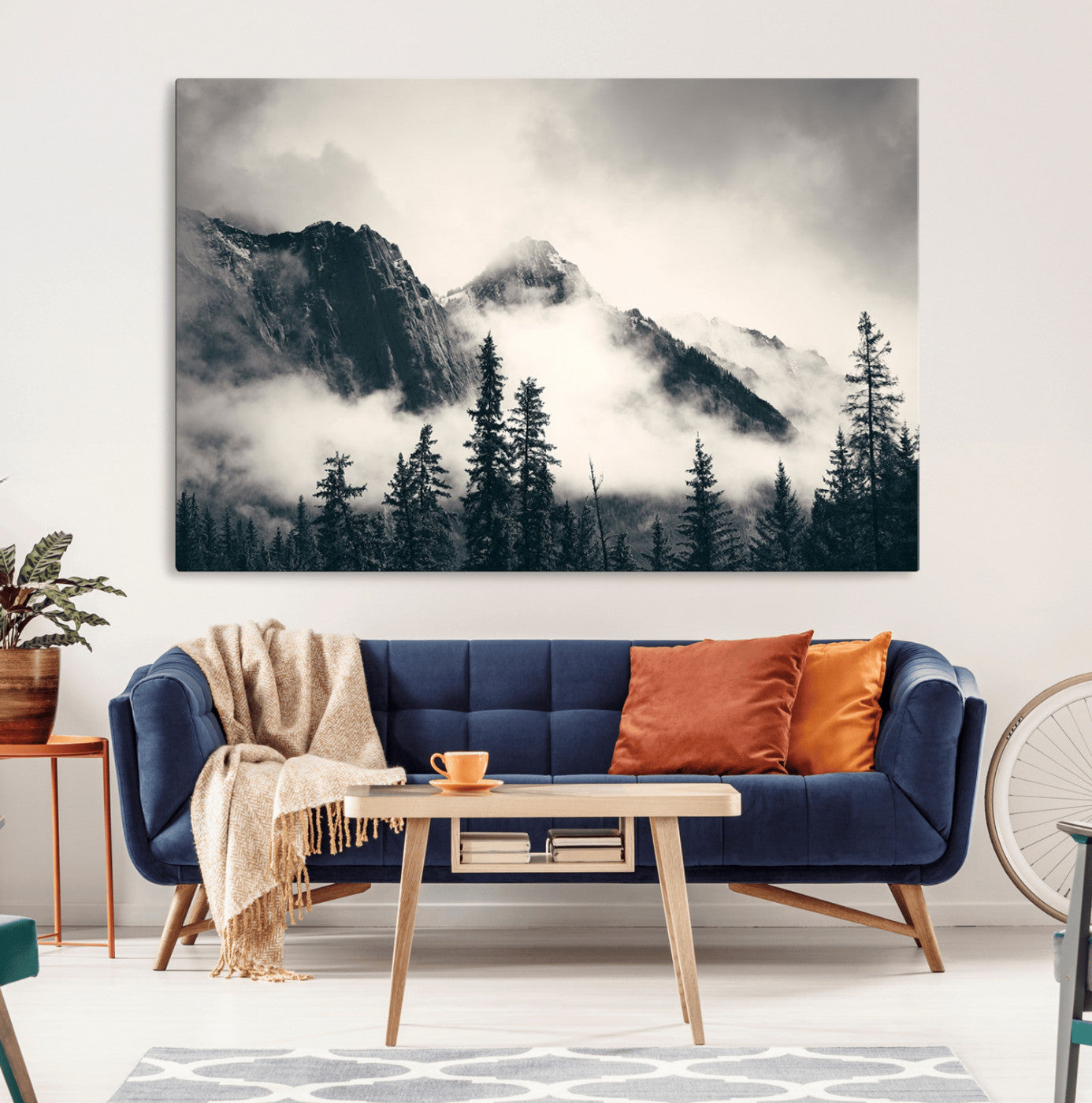 MGV-CV-36X24 - Large Foggy Mountain Forest Wall Art Canvas Print | Misty Mountain Peaks and Pine Trees Print |