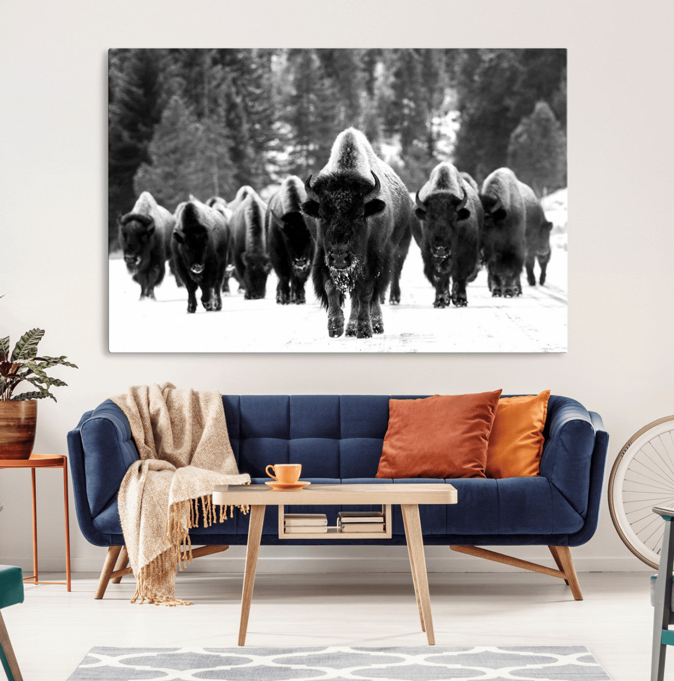 MGV-CV-36X24 - Bison Herd in Snow Wall Art Canvas Print | Rustic Western Bison Wall Art for Decor for Living Room, Office, and Farmhouse Decor | Framed Large Bison Giclee Canvas Print