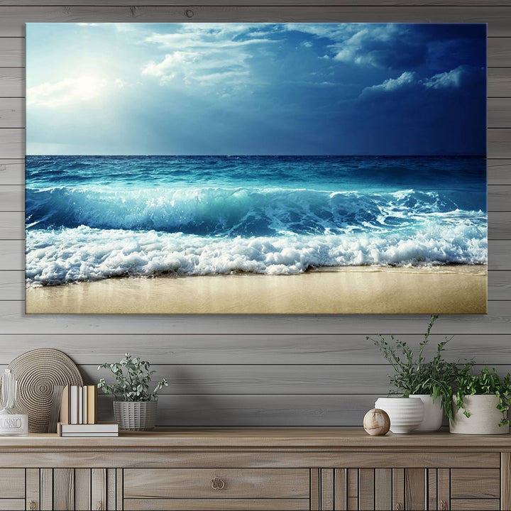 The Majestic Ocean Wave Wall Art Canvas, a 3-panel seascape print, is featured prominently.