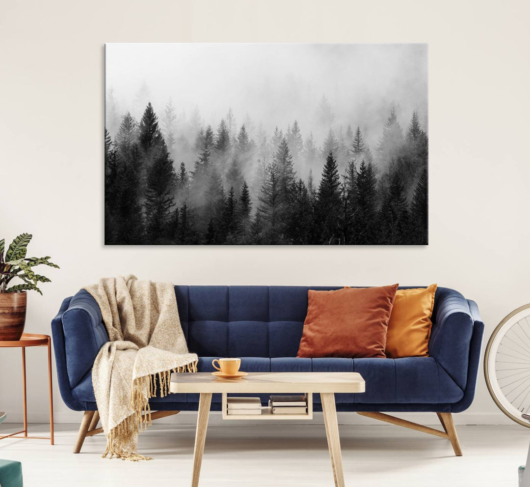 Fogy Forest Canvas Art features misty pines and a mountain landscape.