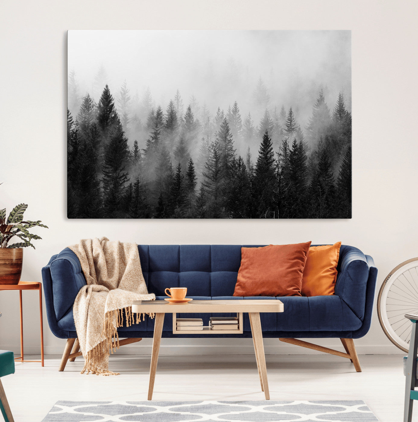 MGV-CV-36X24 - Foggy Black and White Forest Canvas Wall Art, 3 Panel Misty Pine Trees Canvas Print for Living Room,