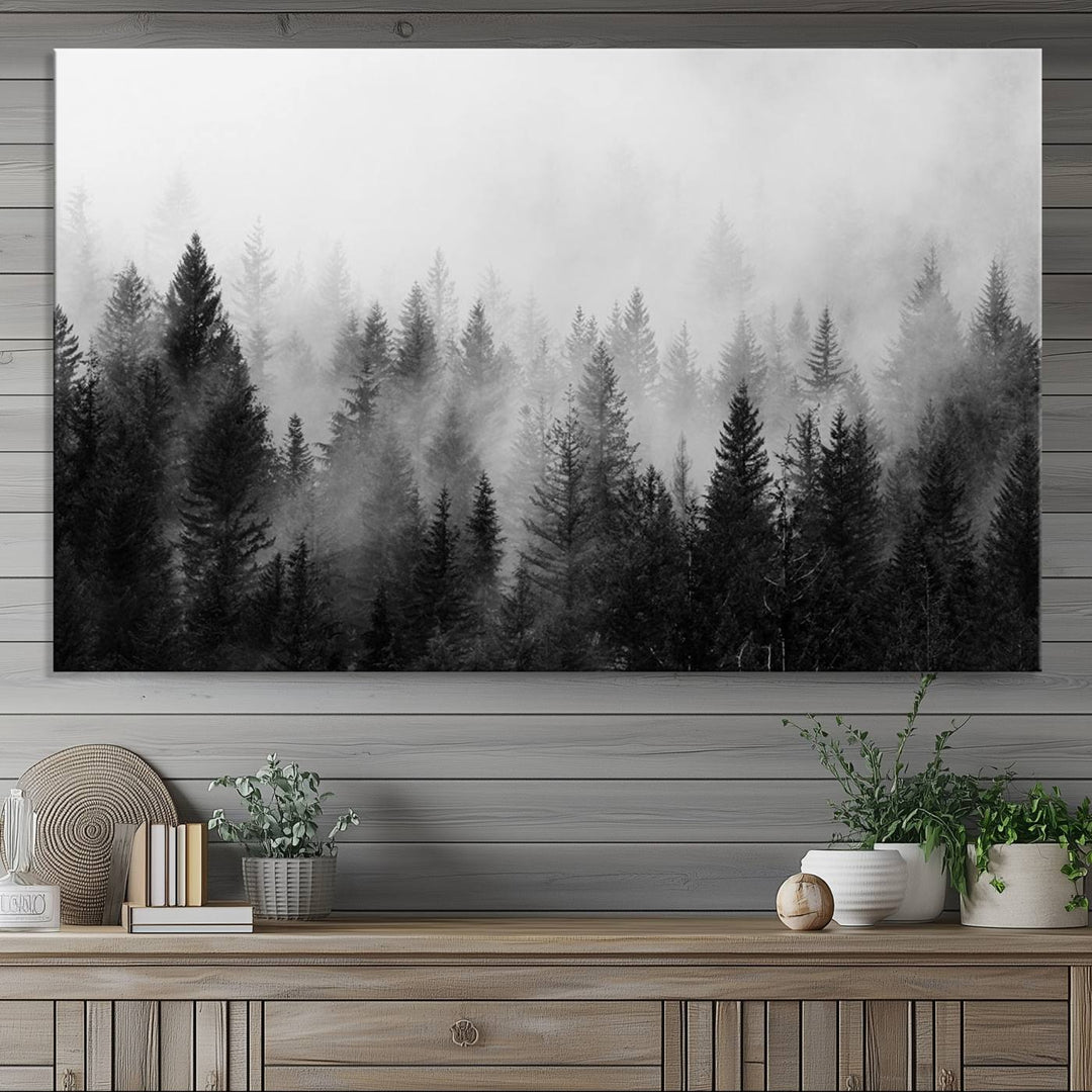 The Foggy B&W Forest Wall Art, featuring pine trees, enhances the minimalist kitchen ambiance.