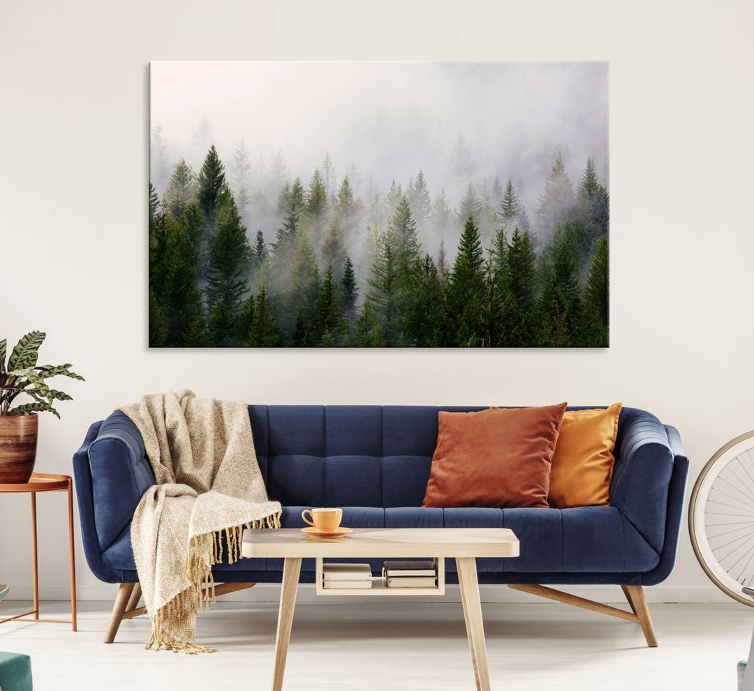 A serene, foggy evergreen forest creates a mysterious atmosphere, ideal for premium canvas wall art.