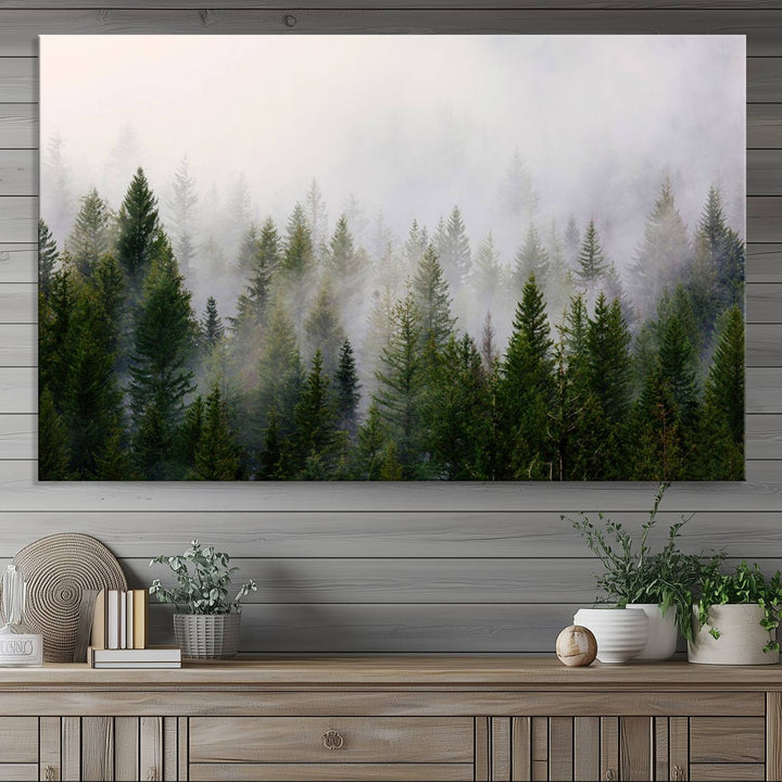 Misty Pine Forest Canvas Print serves as a foggy forest decor piece in the kitchen.