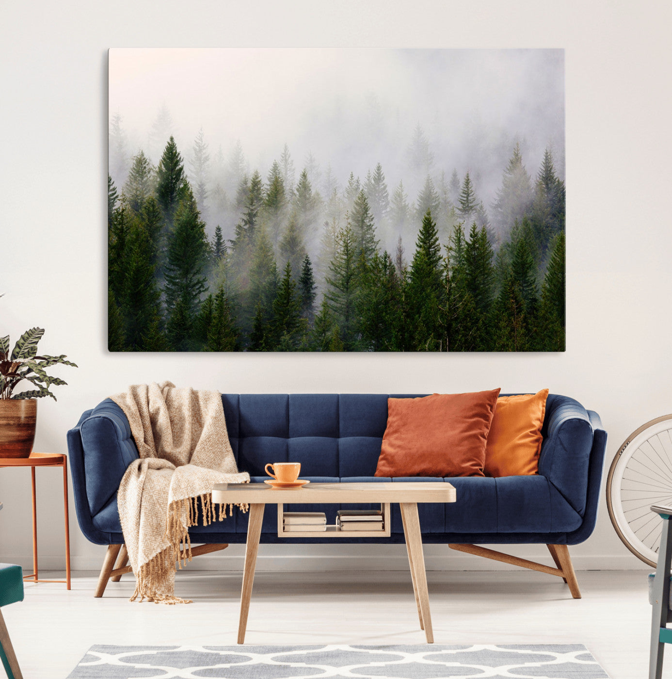11436-MGV-CV-36X24-Misty Pine Forest Wall Art Canvas Print | 3 Panel Green Woodland Canvas Print for Living Room,