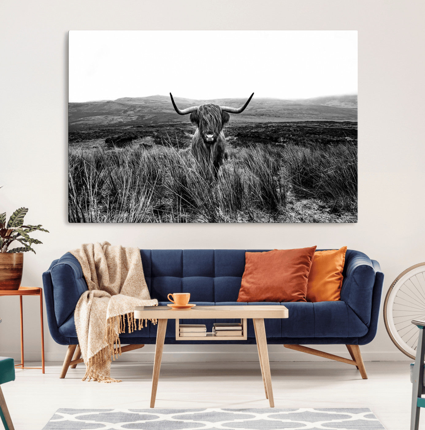 -MGV-CV-36X24-Black and White Highland Cow Canvas Wall Art, Longhorn Triptych Western Wall Decor for Cabin -