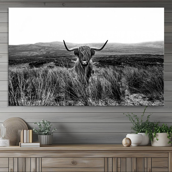 Dining room featuring a Black and White Highland Cow Canvas for a Western-themed decor.