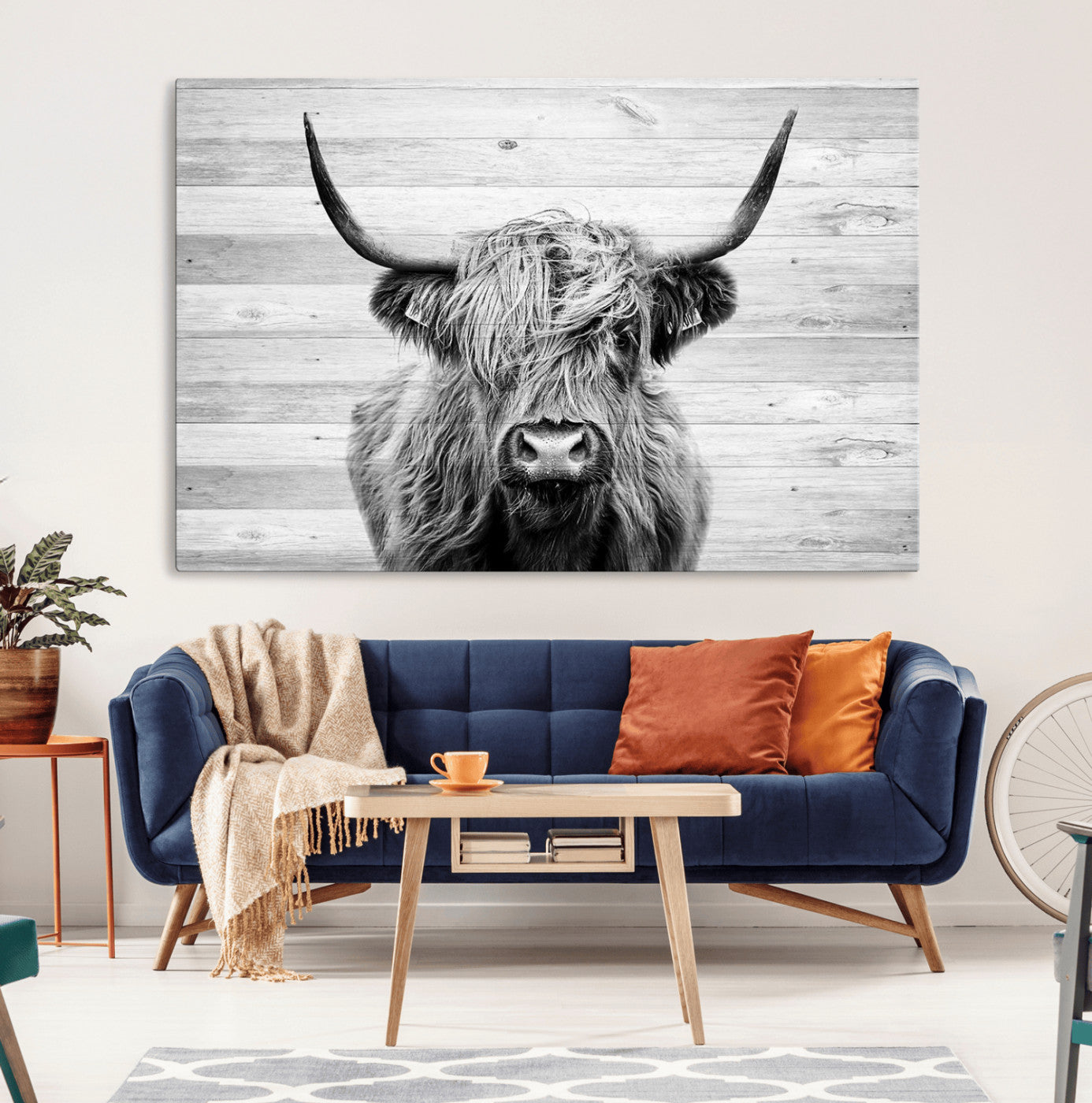 14634-MGV-CV-36X24-Scottish Highland Cow Cattle Art Print on Wood Background Style, Scottish Highland Cow Wall Art