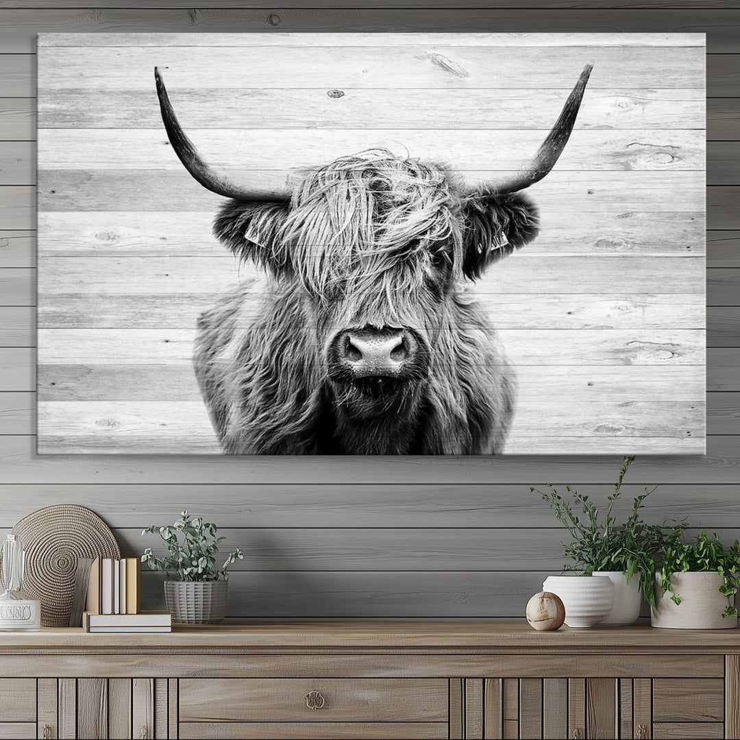 Scottish Highland Cow Cattle Art adds rustic farmhouse charm to the space.