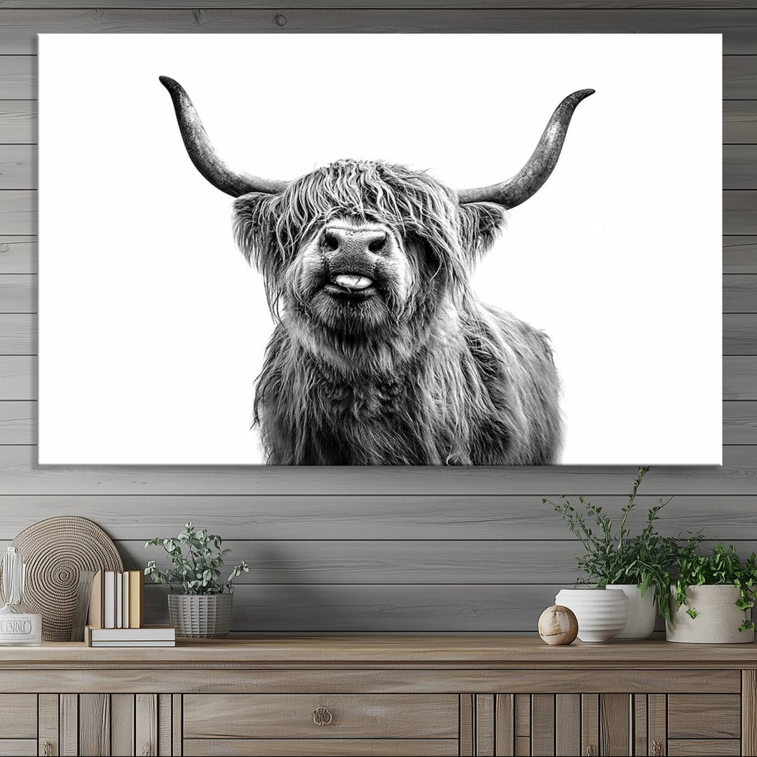 The Fanny Highland Cow art print decorates the modern kitchen, featured in black and white.