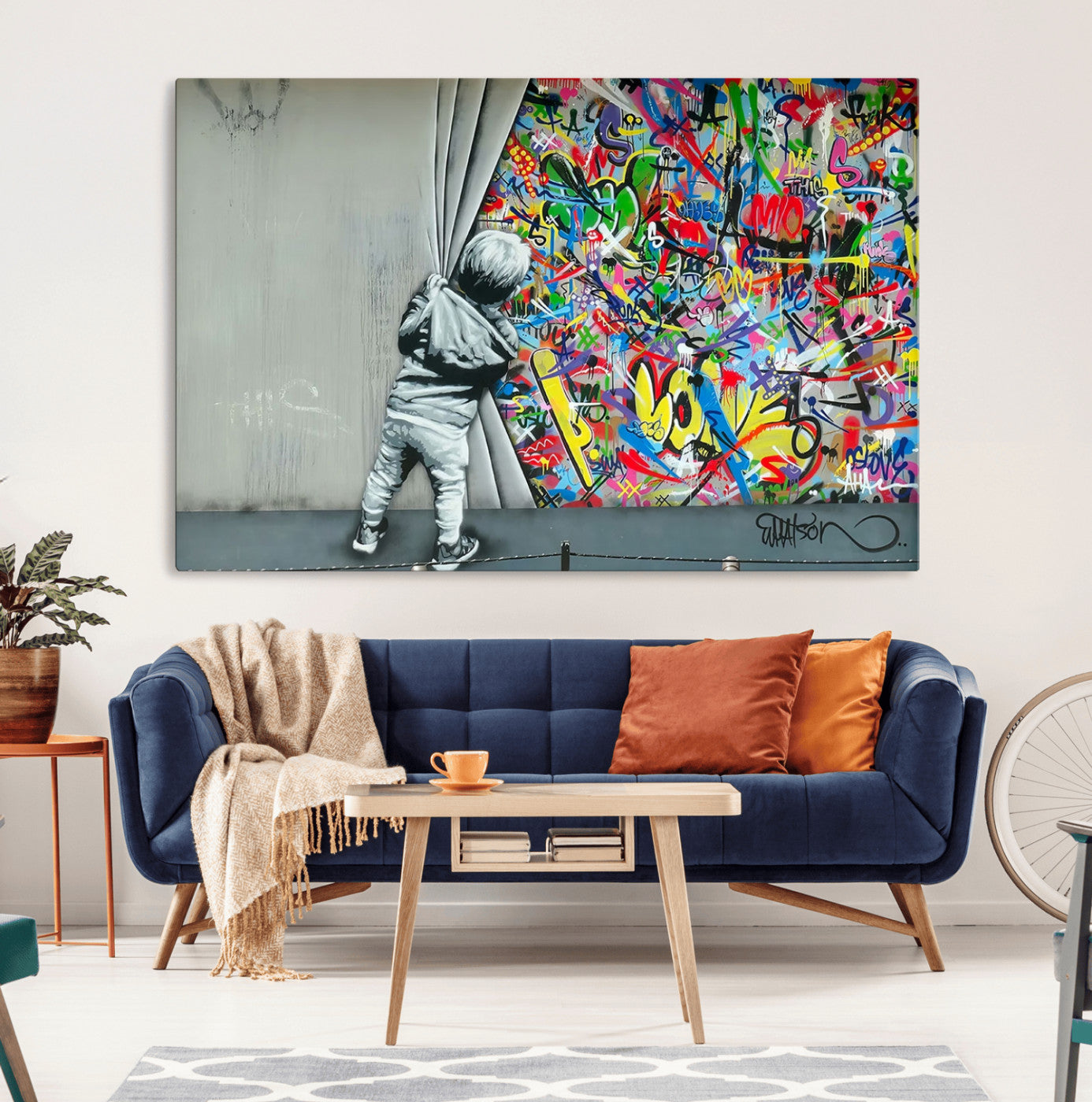 51713-MGV-CV-36X24-Banksy Colorful Street Graffiti Canvas Wall Art Print, Modern Art Triptych, Child and Graffiti Wall,