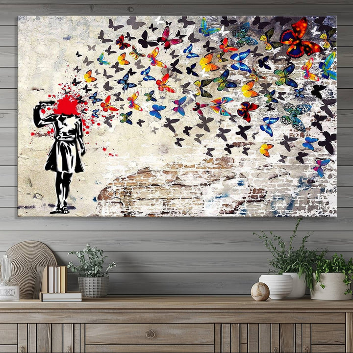 Banksy Art Butterfly Girl Explosion: Vibrant urban graffiti canvas for modern interiors, ready to hang.