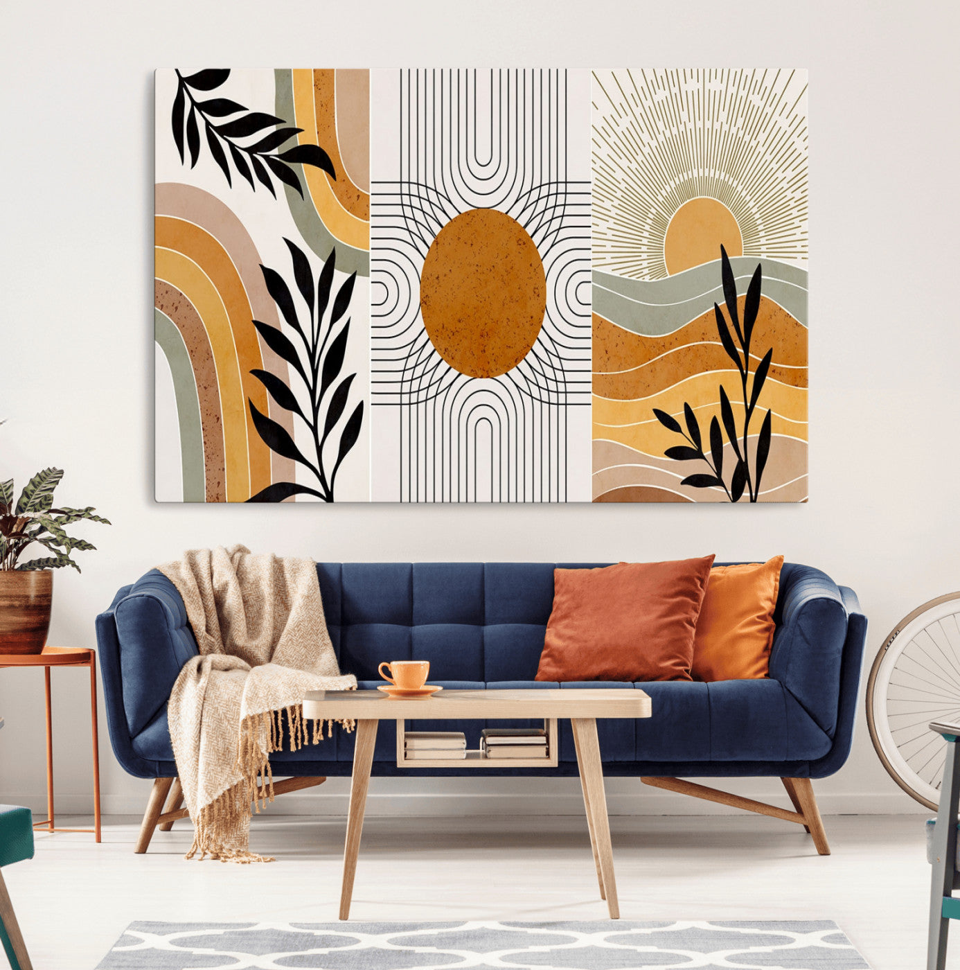 MGV-CV-36X24 - Modern Boho Sun and Leaf Abstract Art – 3-Panel Giclée Canvas for Mid-Century Modern or Bohemian Wall Decor