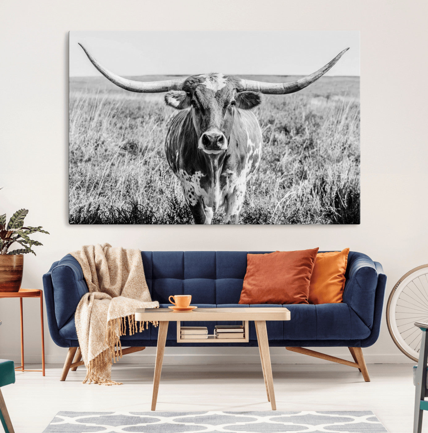 MGV-CV-36X24 - Texas Cow Longhorn Wall Art Canvas Print for Farm House Wall Decor, Farmhouse Wall Art Print