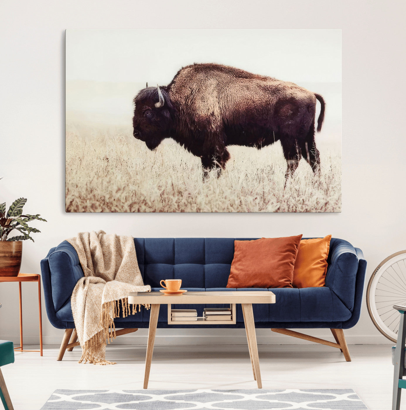 MGV-CV-36X24 - Bison in Field Wall Art Canvas Print For Farmhouse Barn Decor