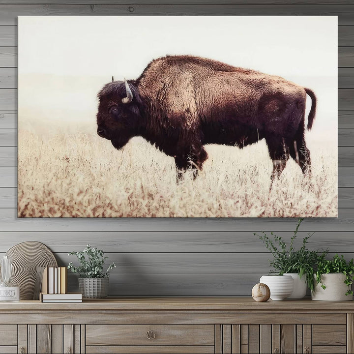 The dining room showcases the Bison in Field canvas print.