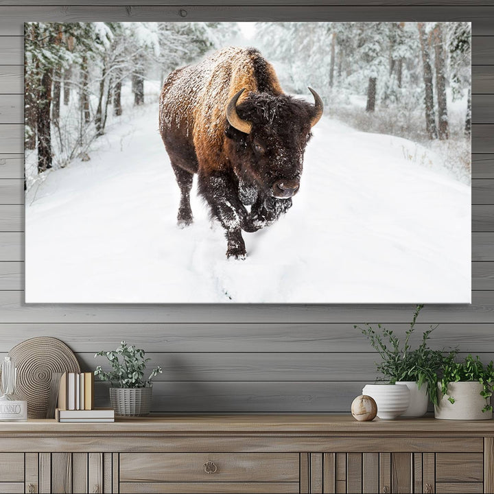 The dining area showcases the Bison Wall Art Canvas Print for Farmhouse.