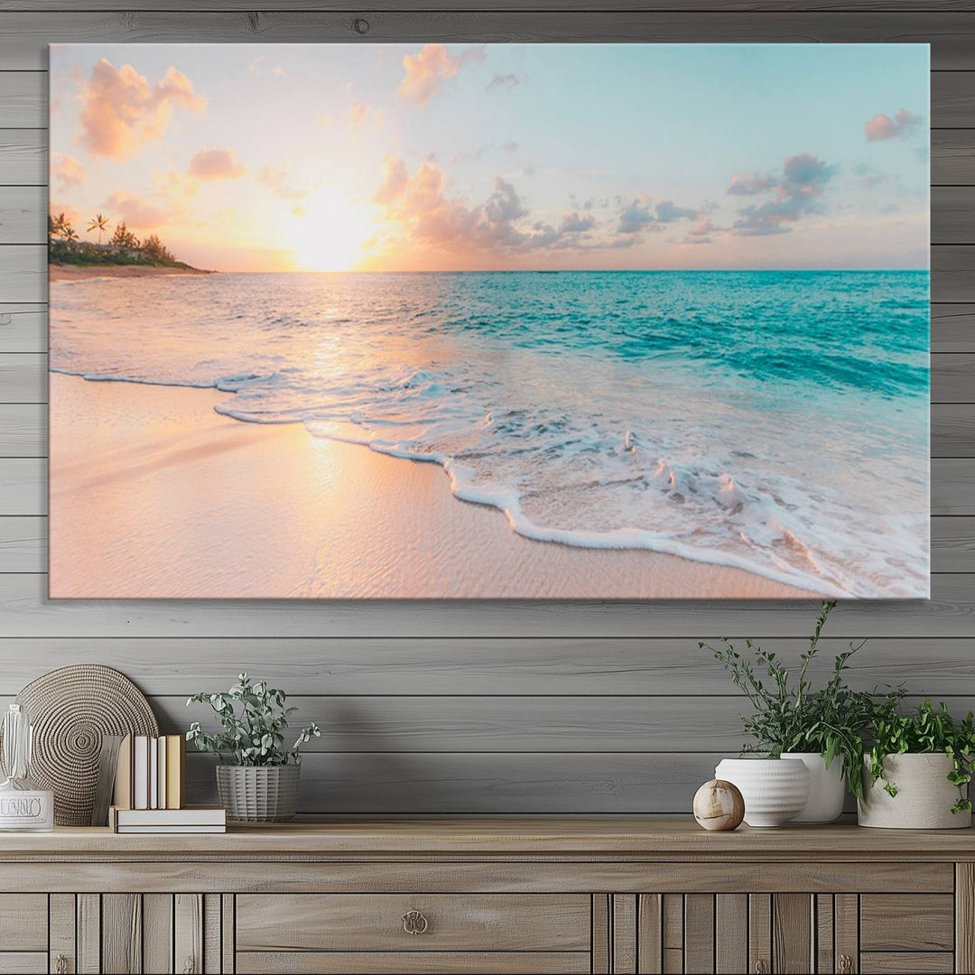 The kitchen features the Beach Sunrise Wall Art, Coastal Sunset Beach Scene.