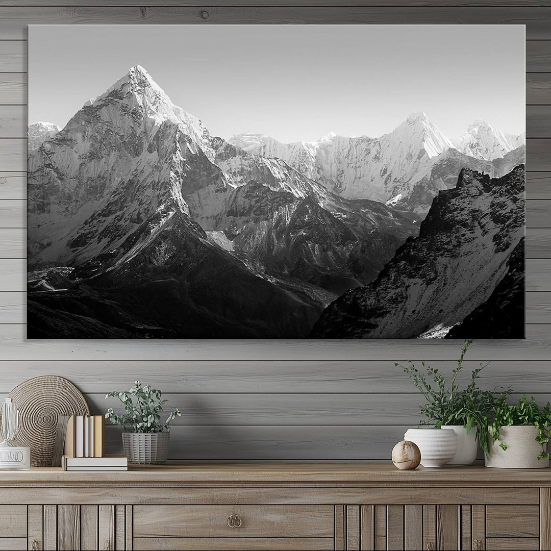 Everest Himalaya Mountain Peaks Black & White Triptych Canvas Art – Mountain Wall Decor for Minimalist Interiors