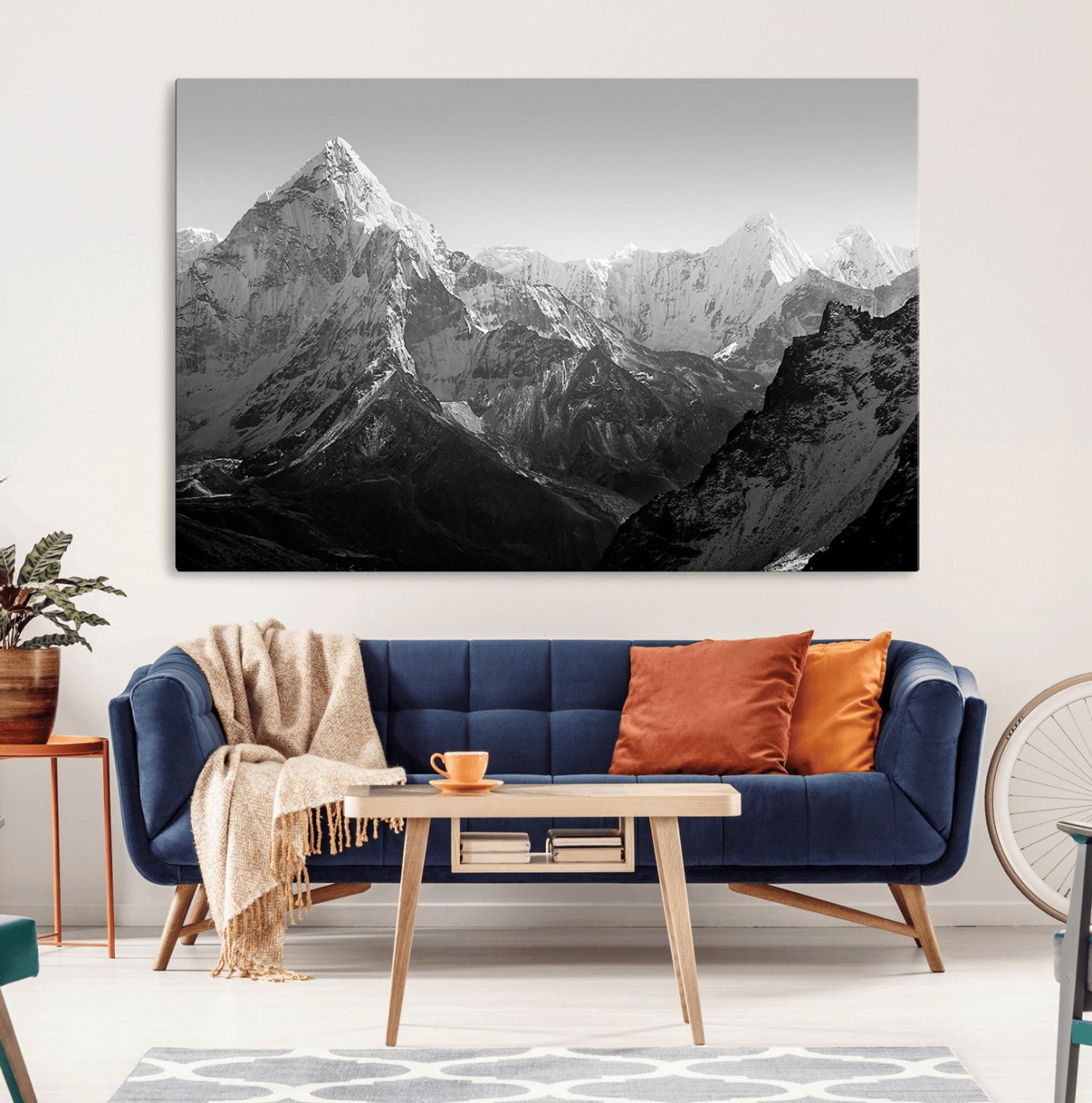MGV-CV-36X24 - Everest Himalaya Mountain Peaks Black & White Triptych Canvas Art – Mountain Wall Decor, Everest