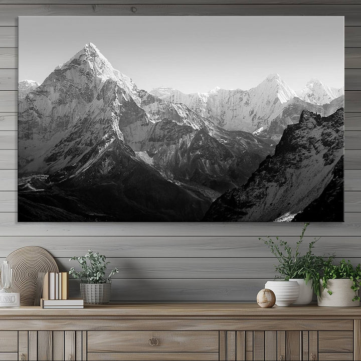 Everest Himalaya Mountain Peaks Black & White Triptych Canvas Art – Mountain Wall Decor for Minimalist Interiors