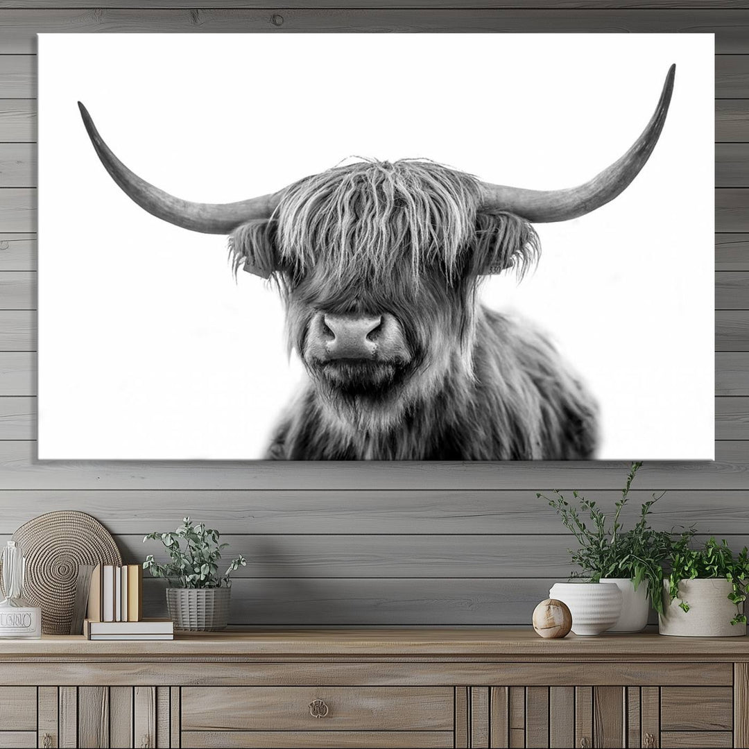 The Grayscale Scottish Highland Cow canvas is a museum-quality piece perfect for your dining room. Enjoy free shipping on this stunning artwork!.