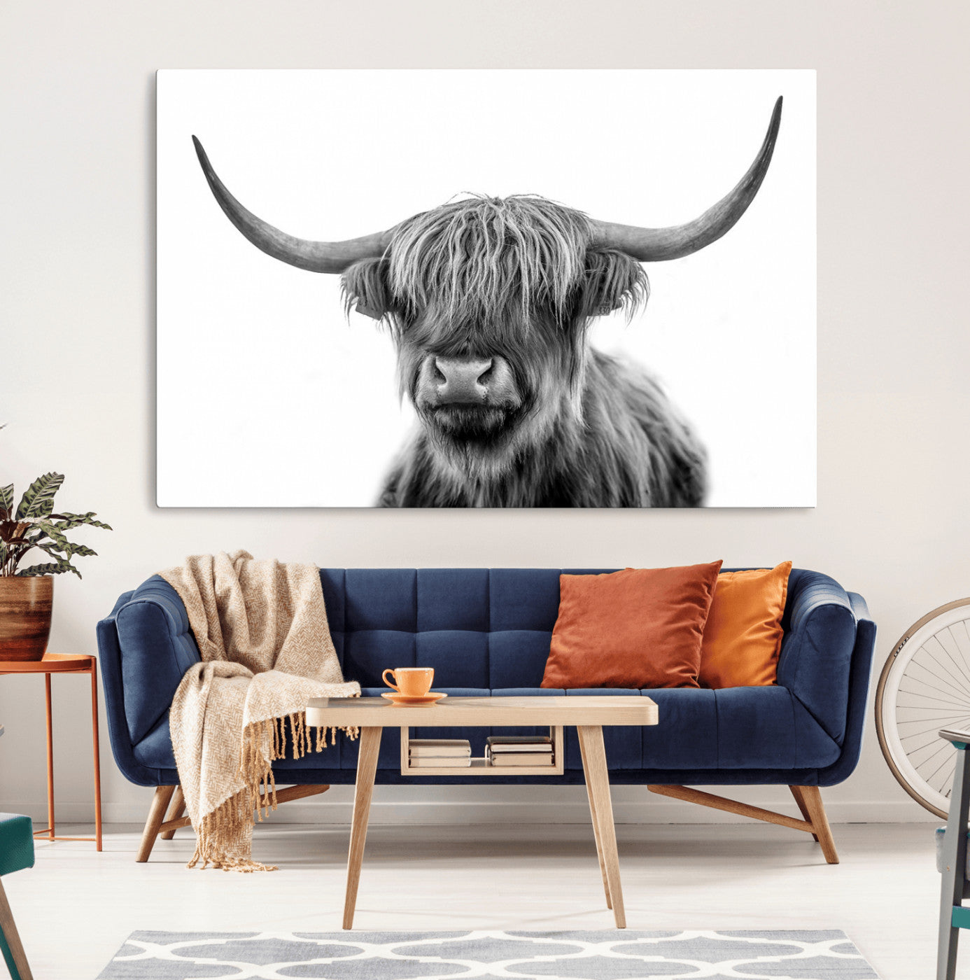 MGV-CV-36X24 - Grayscale Scottish Highland Cow Cattle Art Print Farmhouse Wall Art Canvas Print