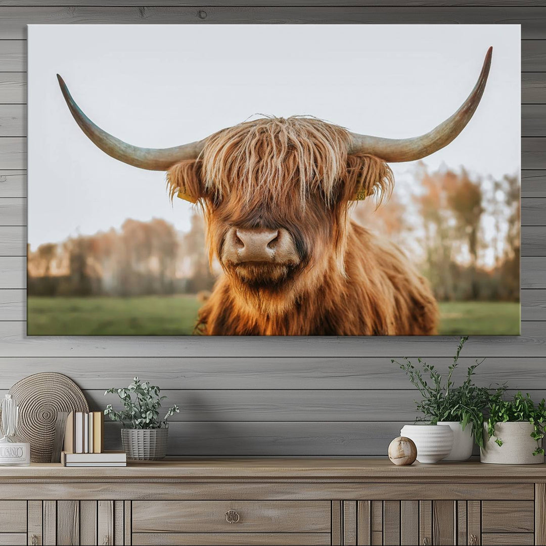 A dining room featuring a Highland Cow Animal Scottish Cattle canvas.