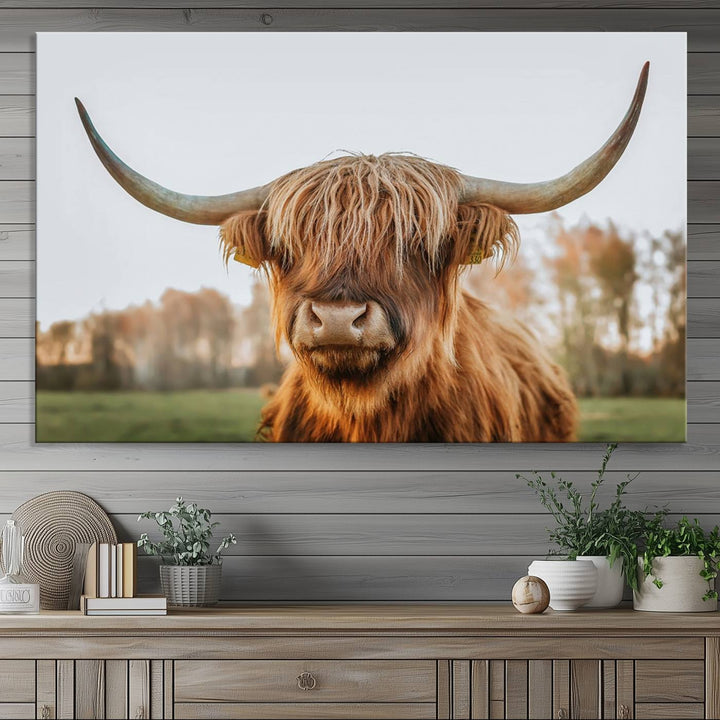 A dining room featuring a Highland Cow Animal Scottish Cattle canvas.