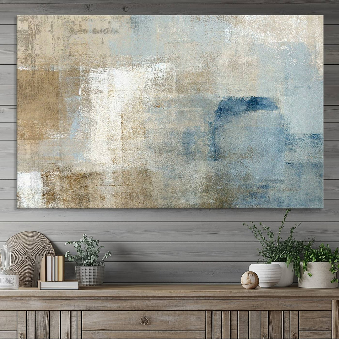 Abstract Blue and Beige Wall Art canvas print set with a modern minimalist aesthetic.