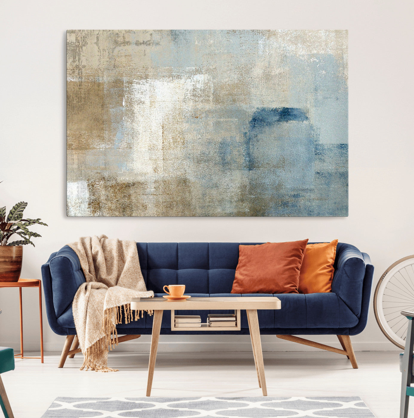 MGV-CV-36X24 - Abstract Blue and Beige Wall Art, Modern Minimalist Canvas Print Set, Giclee Textured Art, Large