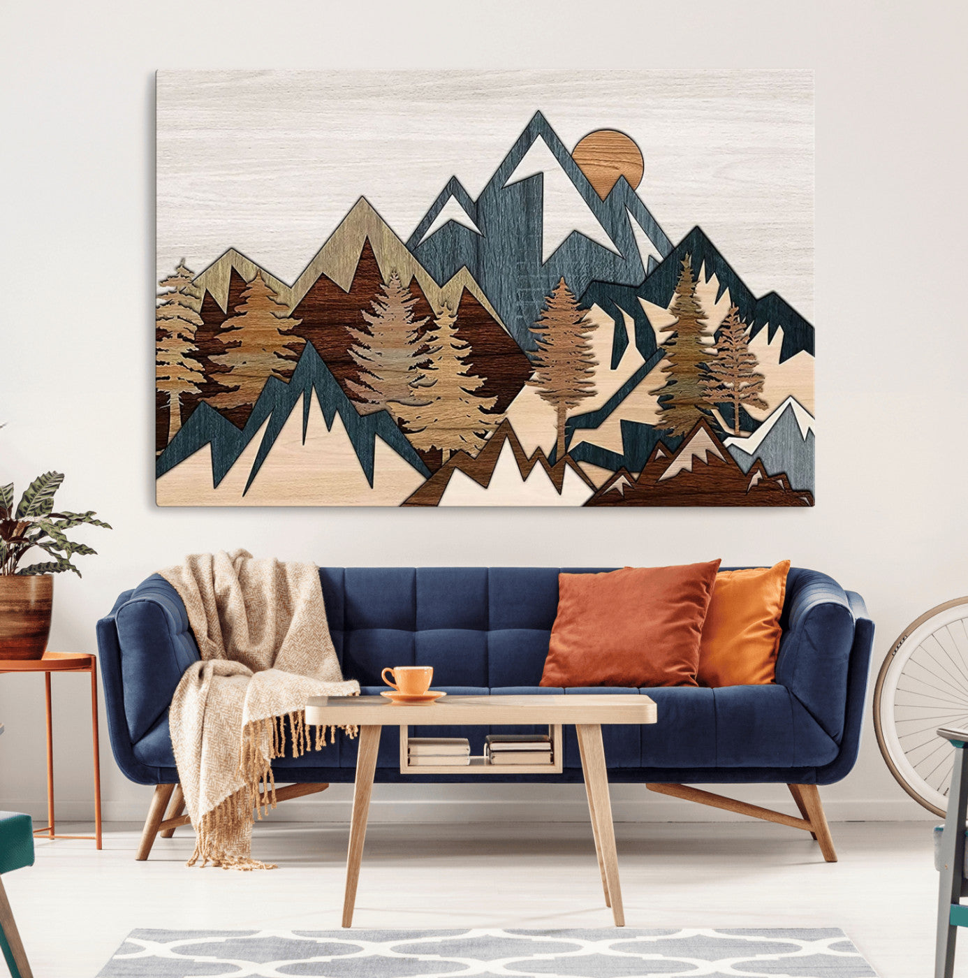 MGV-CV-36X24 - Woodland Mountain Landscape Triptych, Giclee Canvas Art for Modern Home, Rustic Wooden Nature Wall