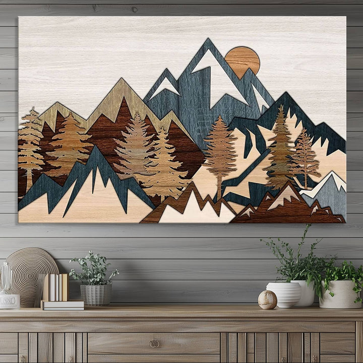 A Woodland Mountain Landscape Triptych serves as the centerpiece of the rustic decor.