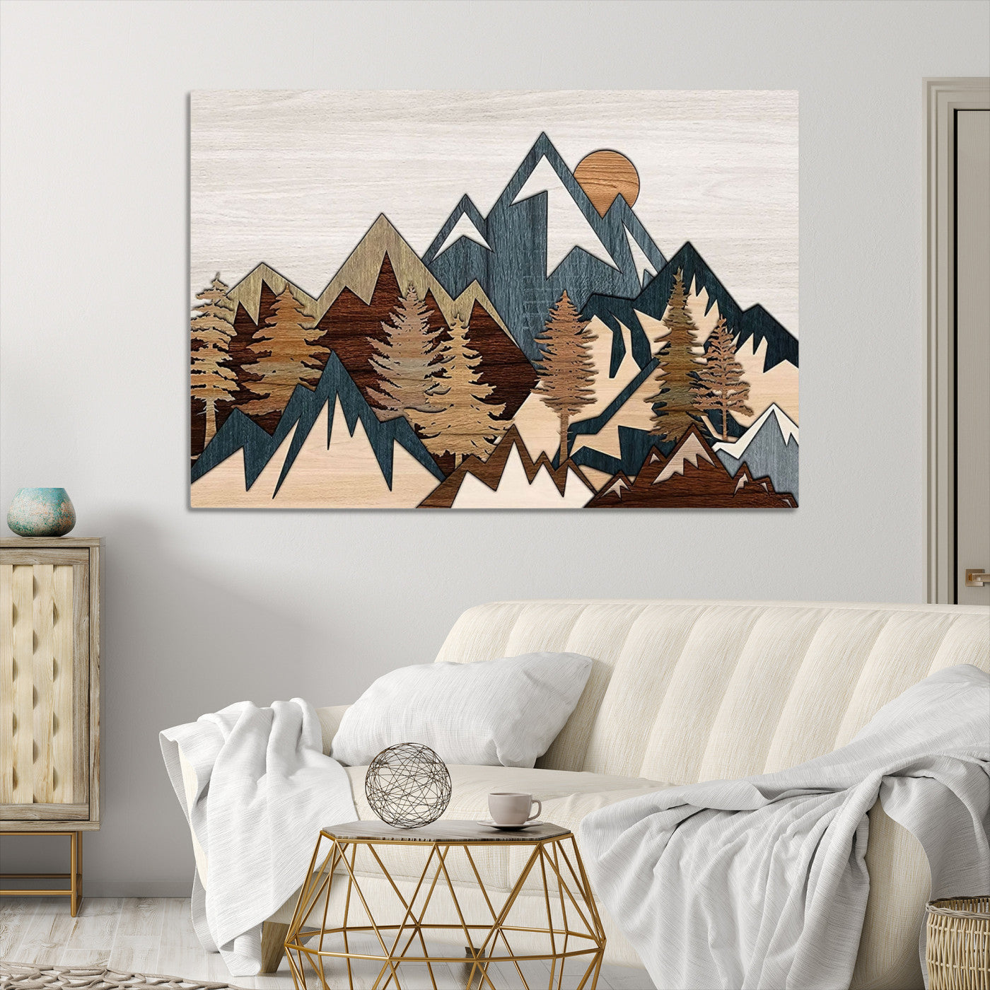 67950-MGV-CV-36X24-Rustic Abstract Wood Panel Effect Canvas Mountain Range Top Wood Wall Art Canvas Print
