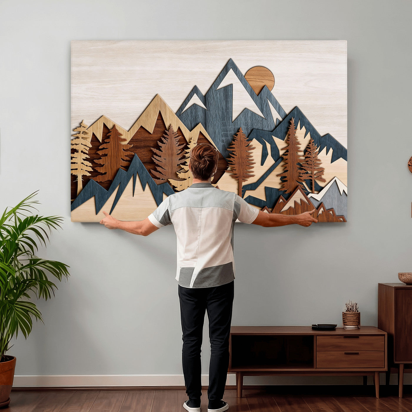 67950-MGV-CV-36X24 - Rustic Abstract Wood Panel Effect Canvas Mountain Range Top Wood Wall Art Canvas Print