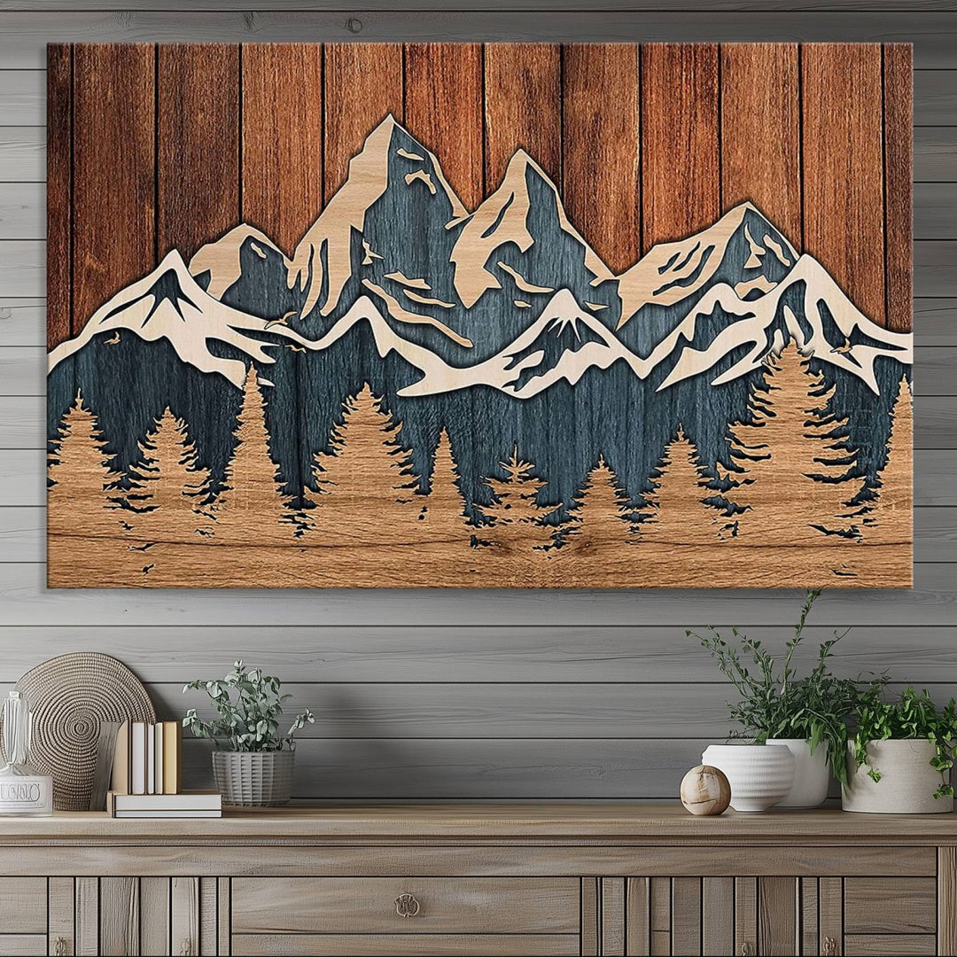 Rustic Wood Style Mountain Wall Art hangs on the wall.