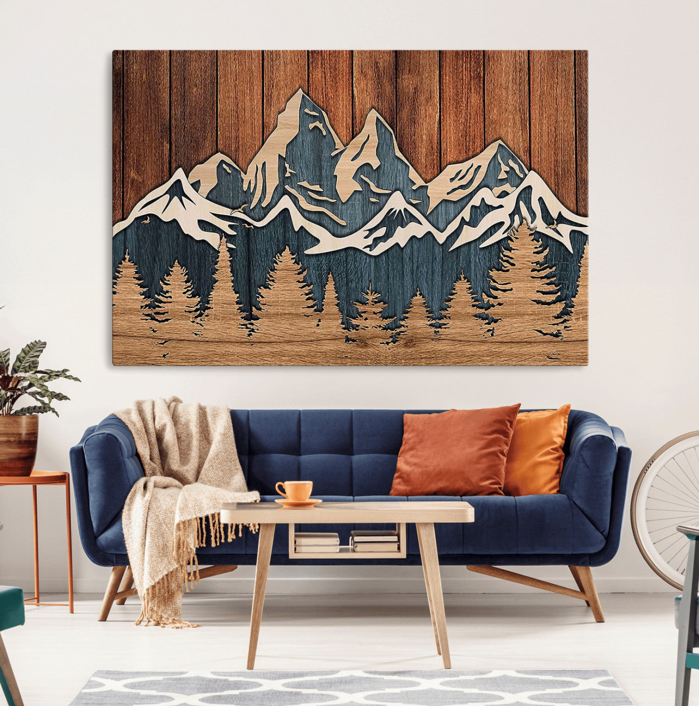 MGV-CV-36X24 - Rustic Wood Style Mountain Wall Art, Nature Forest Canvas Print, Wooden Textured Mountain Artwork, Handcrafted Landscape Decor for Farmhouse Decor