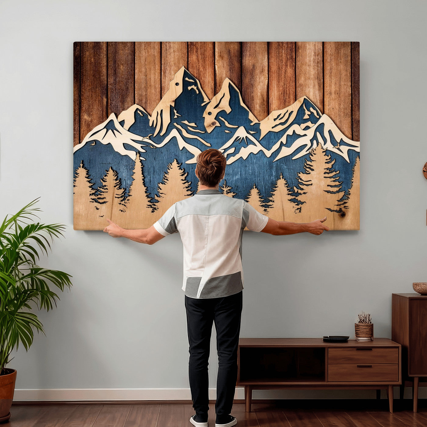 41330-MGV-CV-36X24 - Rustic Wood Style Mountain Wall Art, Nature Forest Canvas Print, Wooden Textured Mountain Artwork Print