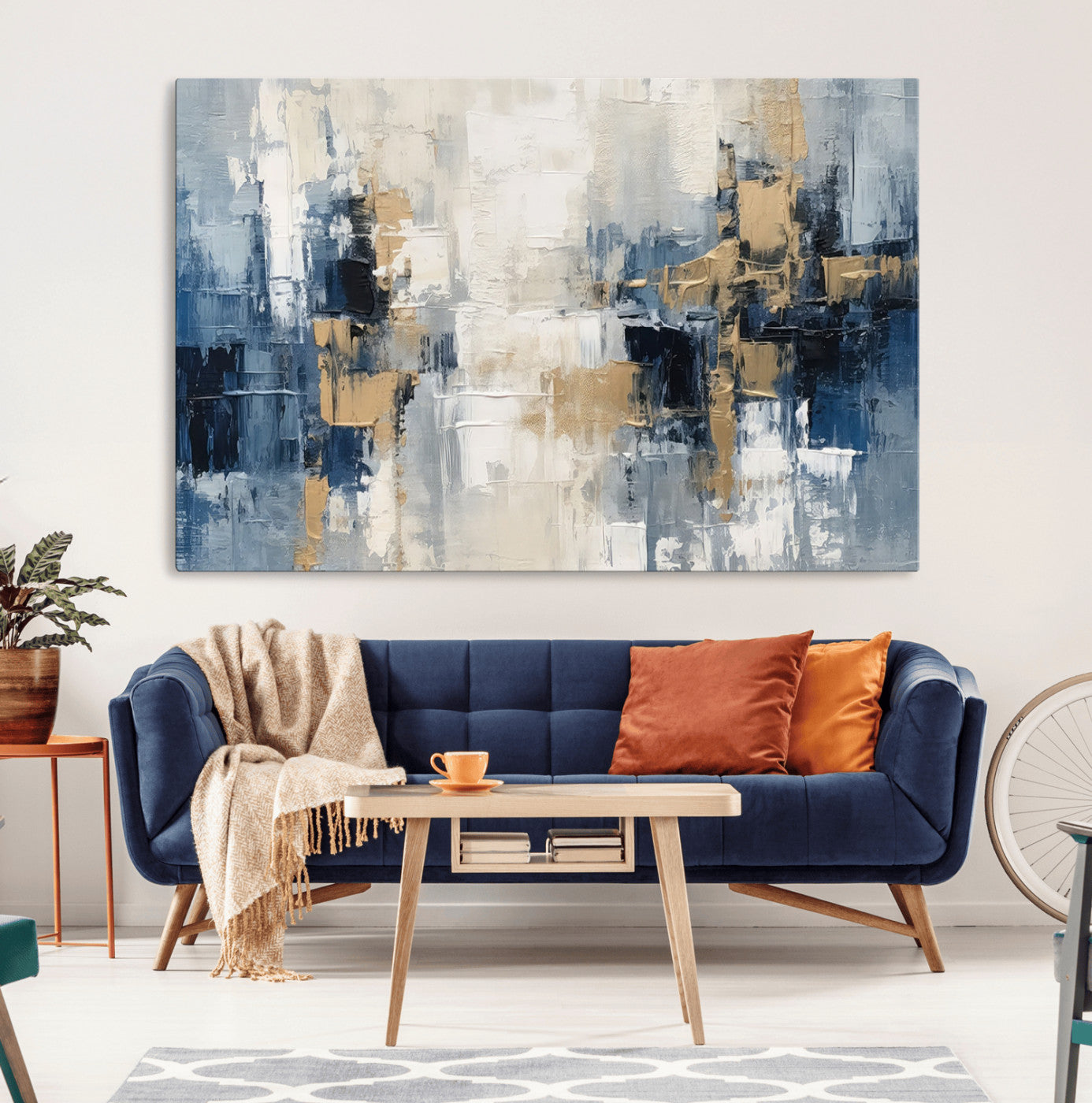 MGV-CV-36X24 - Modern Abstract Canvas Wall Art in Blue and Gold Tones | Large Contemporary Art for Living Room, Office, or Bedroom Décor