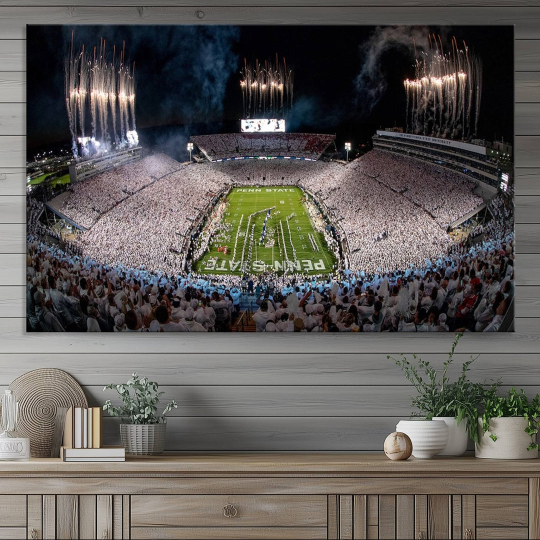 The perfect Penn State Football canvas wall art features a depiction of Beaver Stadium filled with fans in white, with fireworks exploding above.