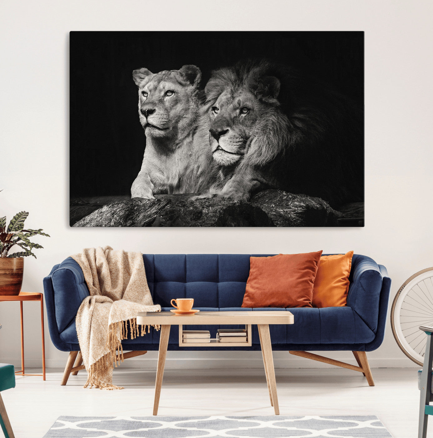 80013-MGV-CV-36X24-Lion Couple Wall Art Canvas Print – Elegant Black and White Wildlife Portrait Lion Family Artwork for Home, Office