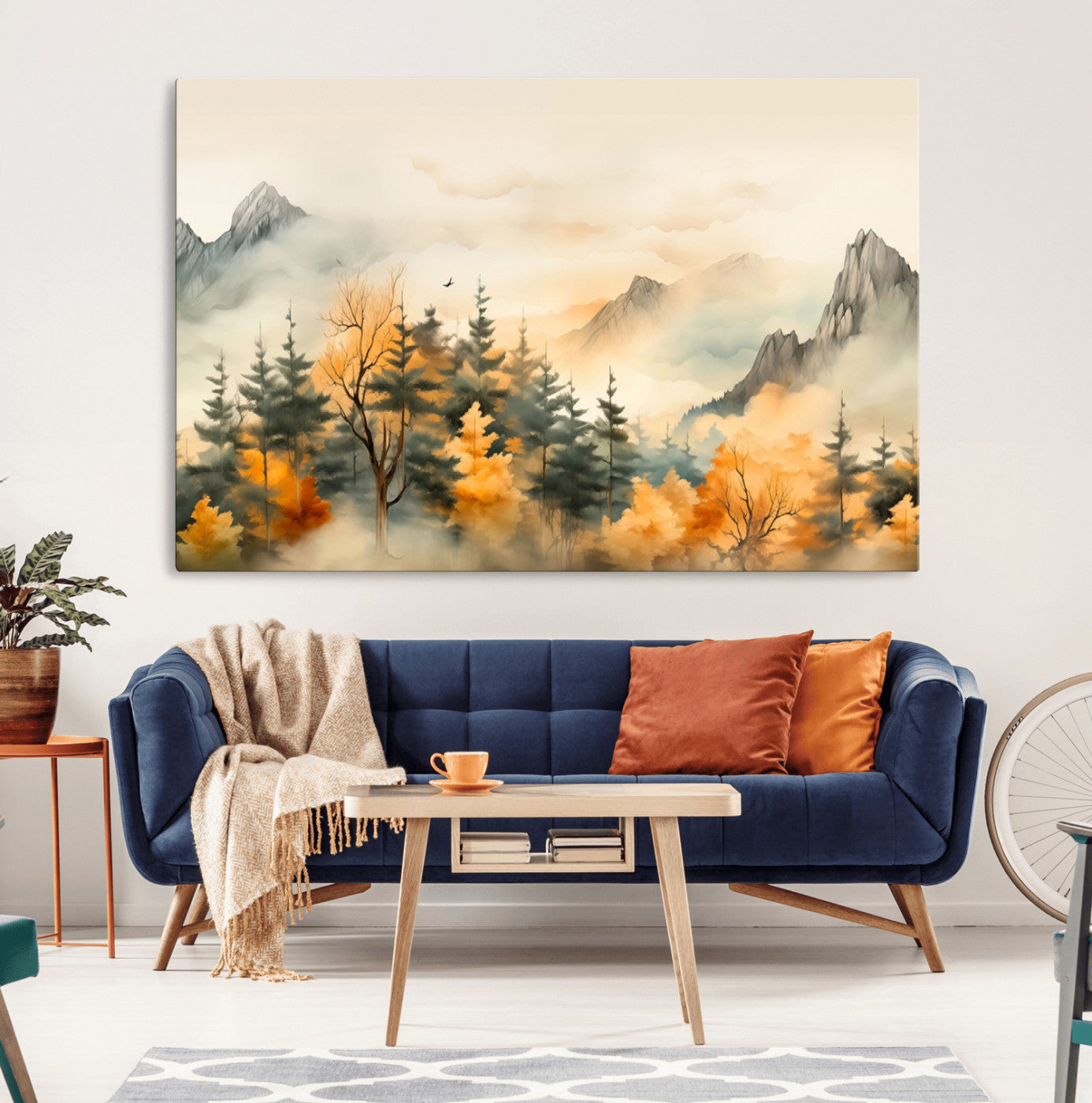 79192-MGV-CV-36X24-Abstract Watercolor Mountains and Trees Autumn Art, Watercolor Mountains and Trees Canvas Print